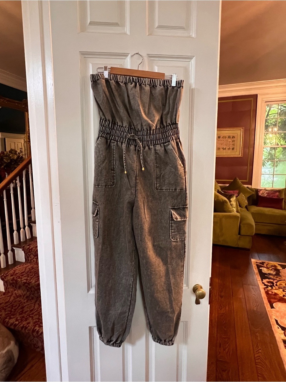 Strapless Elastic Waist Cargo Jumpsuit - black acid wash medium balloon j476